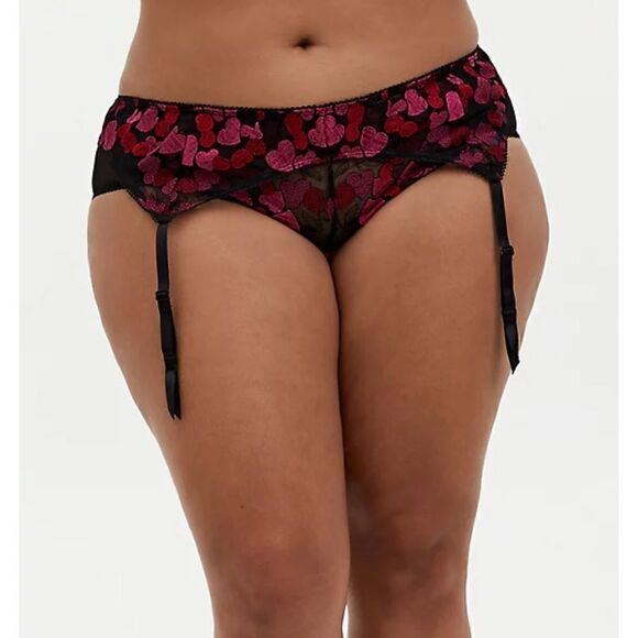 NWT Torrid BLACK & PINK HEART EMBROIDERED MESH GARTER BELT Sz- 5/6 - Picture 1 of 13